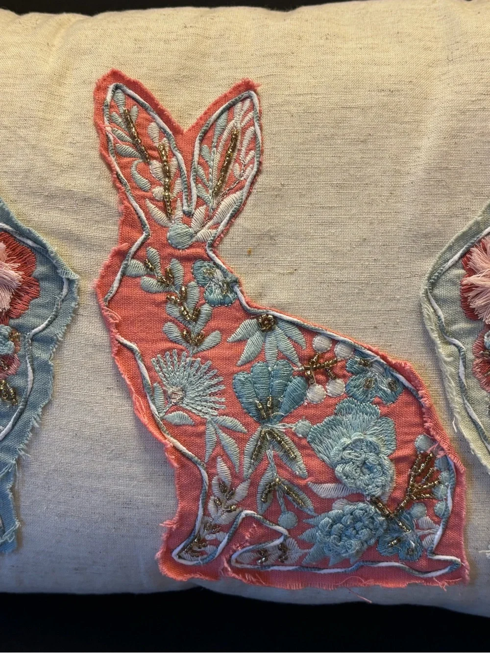 Pier 1 Appliqué Embroidered Rabbit Design Pillow Boho Cottagecore Fringe 20x11
